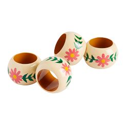 Painted Floral Mango Wood Napkin Rings, Set of 4