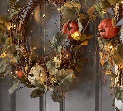 Pre-Lit Faux Natural Pumpkin Wreath &amp; Garland