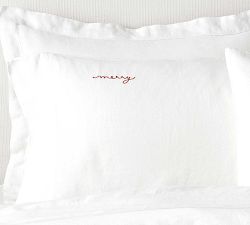 Merry &amp; Bright Embroidered Belgian Flax Linen Pillowcases - Set of 2