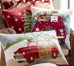 Woody Car Crewel Embroidered Lumbar Pillow Cover