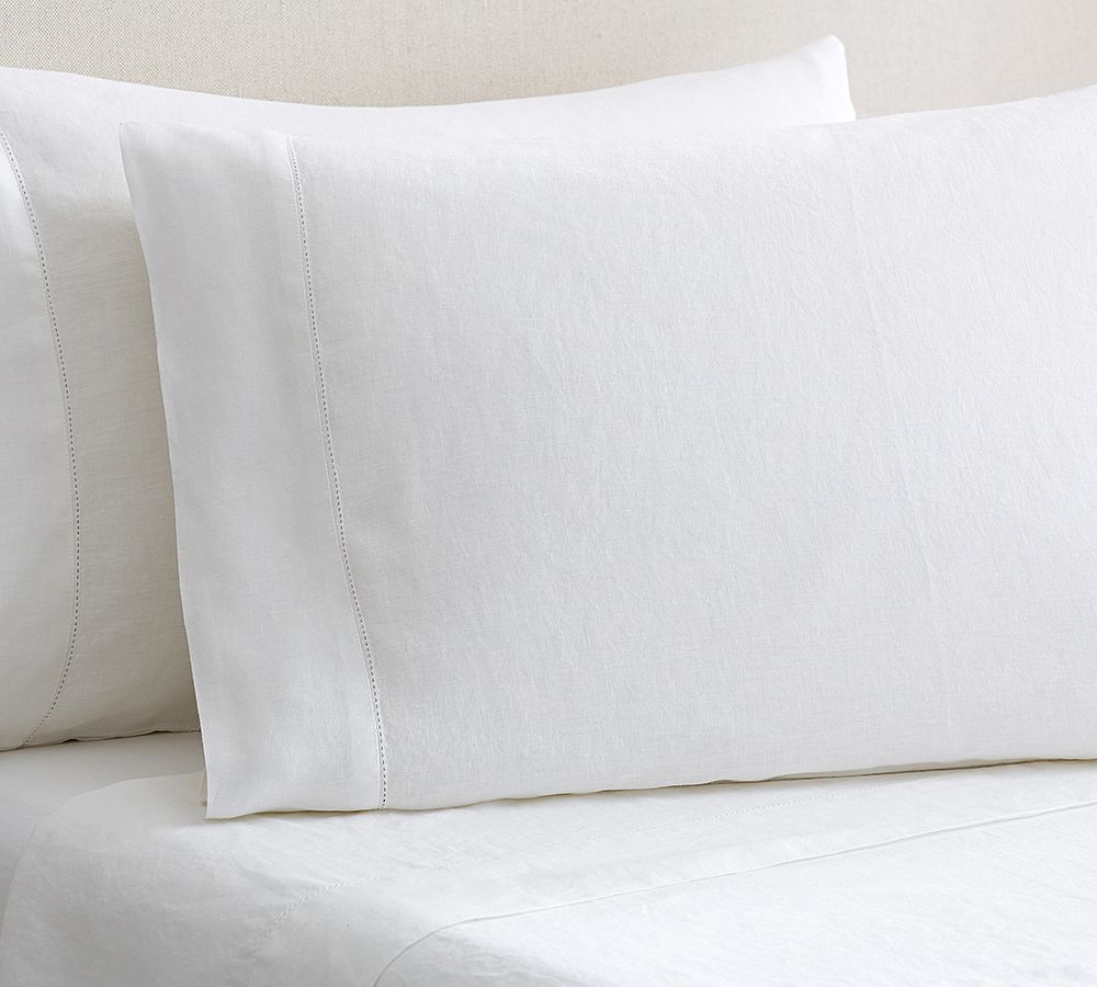 Belgian Flax Linen Hemstitch Pillowcases - Set of 2 - White, Standard, Set of 2