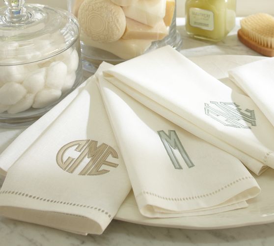 Linen Hemstitch Applique Hand Towels - Set of 2