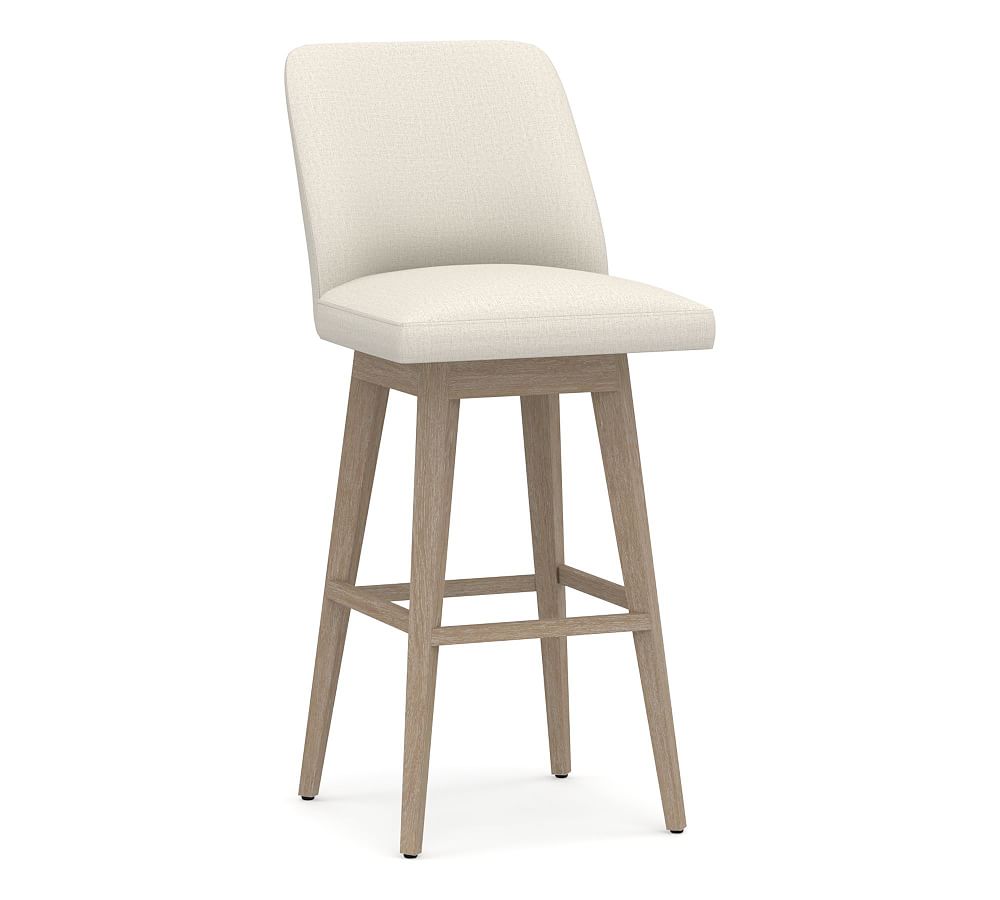 Layton Upholstered Swivel Stool - Seadrift Legs, Performance Heathered Tweed Ivory