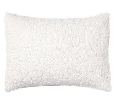 Belgian Flax Linen Floral Stitch Quilted Sham, White, Standard, Set of 2