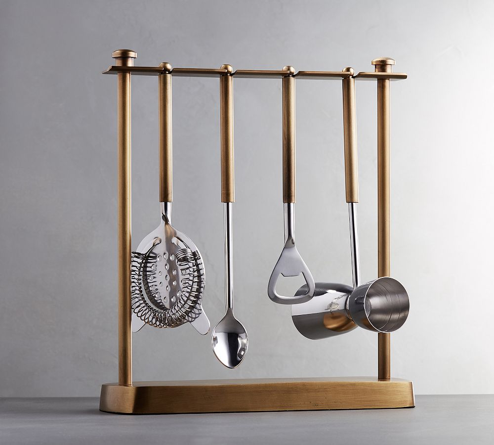 Bleecker 5-Piece Bar Tool Set - strainer, spoon, bottle opener & holder) - Antiqued Gold