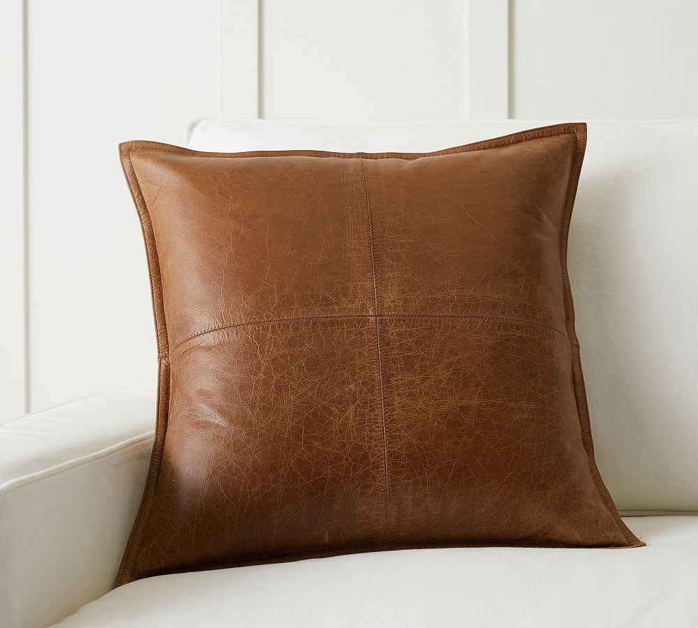 Pieced Leather Pillow - 20", Whiskey Brown
