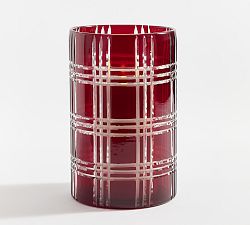 Open Box: Stewart Plaid Cut Glass Hurricane, 7"x11" - Red/Clear