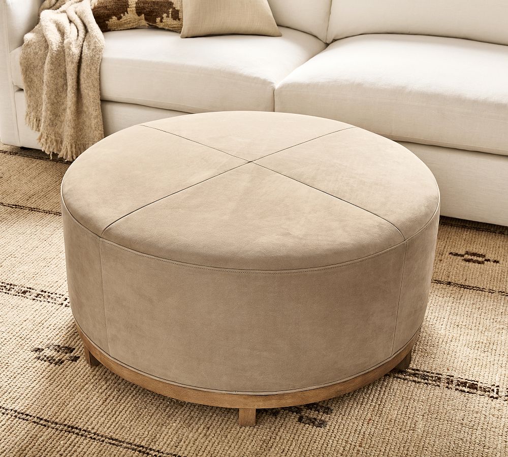 Jake Leather Wood Base Ottoman by Pottery Barn