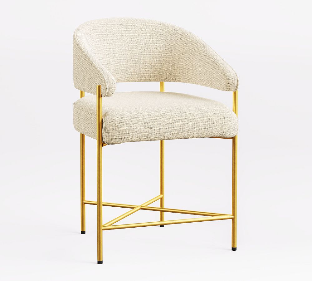 Baldwin Upholstered Metal Stool - Counter Height, Brass, Performance Chateau Basketweave Ivory