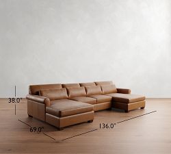 York Roll Arm Deep Seat Leather Double Chaise Sectional (116"-136")