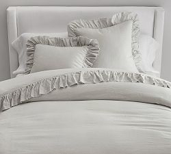 Open Box: Belgian Flax Linen Fringe Ruffle Duvet Cover, Full/Queen - Soft Gray