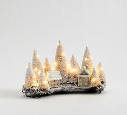 Lit Bottlebrush Winter Town Centerpiece