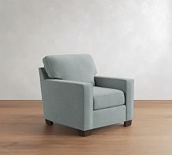 Open Box: Buchanan Square Armchair - Performance Heathered Basketweave Chambray, Espresso