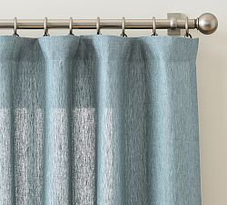 Open Box: Belgian Flax Linen Unlined Curtain, 100"W x 108"L - Blue Chambray