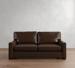 Open Box: Turner Square Arm Leather Loveseat Without Nailheads (74"), 39" Depth, 2 Seat Cushion - Churchfield Camel, Dark Walnut