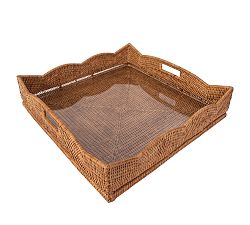 Open Box: Tava Handwoven Rattan Scallop Tray with Handles (14"L x 12"W) - Honey Brown