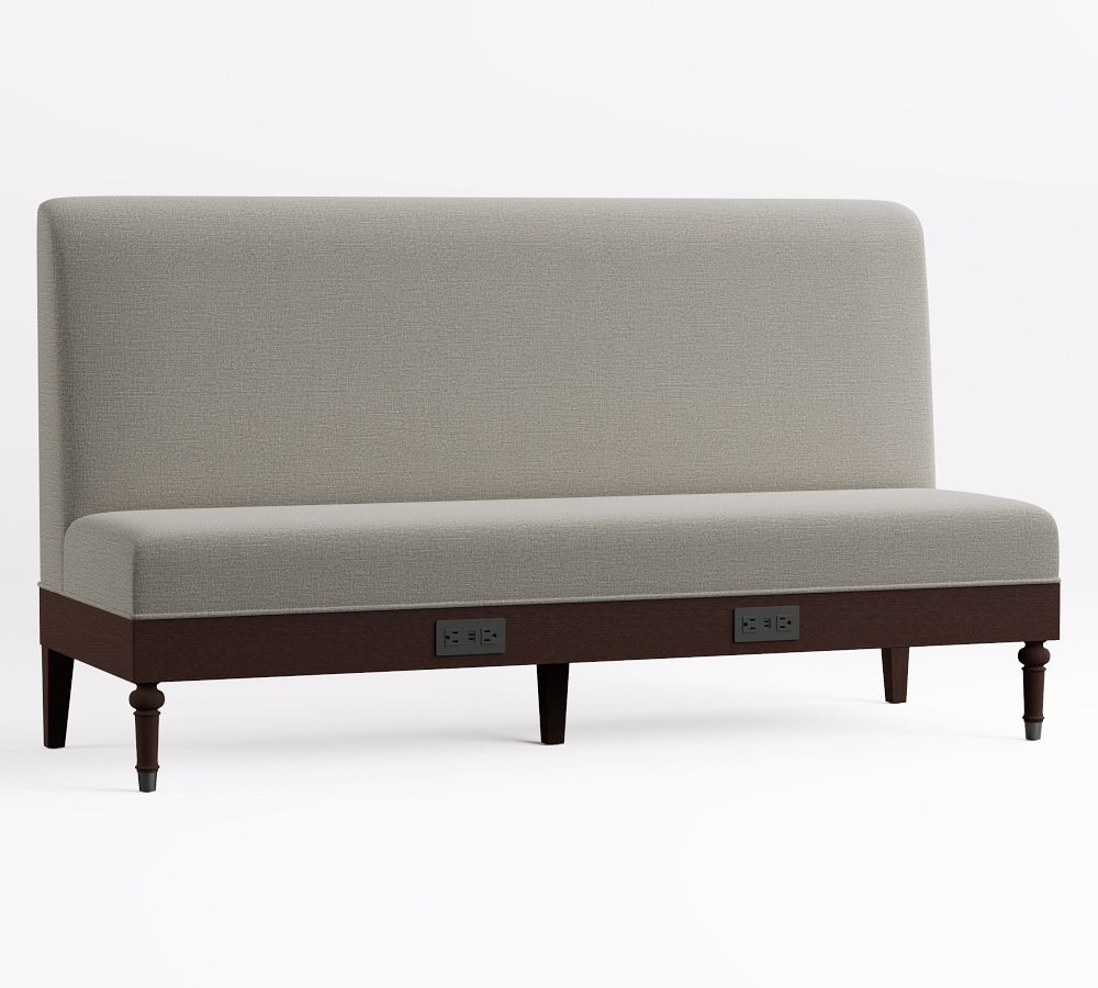 Hayworth Non-Tufted Upholstered 3-Seater Banquette, Espresso Legs & Added Power, Performance Textured Chenille Light Gray