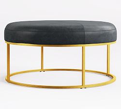 Open Box: Millie Leather Round Ottoman - Brass Legs - Statesville Indigo