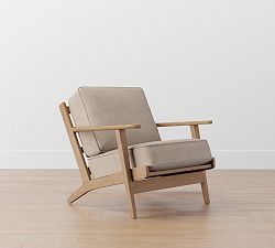 Open Box: Raylan Leather Armchair, Down Blend Wrapped Cushions - Nubuck Wheat,,Brown Frame,