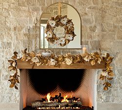 Faux Lit Gold Magnolia Leaf Wreath &amp; Garland