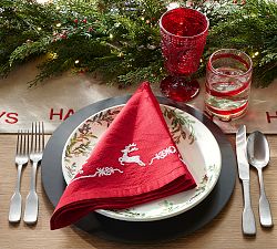 Reindeer Embroidered Cotton Napkins - Set of 4