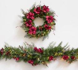 Faux Lit Mixed Amaryllis Wreath &amp; Garland