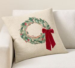 Wreath with Red Velvet Bow Pillow