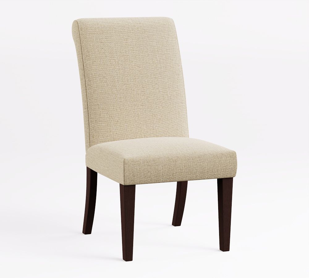 PB Comfort Roll Upholstered Dining Side Chair, Espresso Legs, Performance Everydaylinen™ Oatmeal