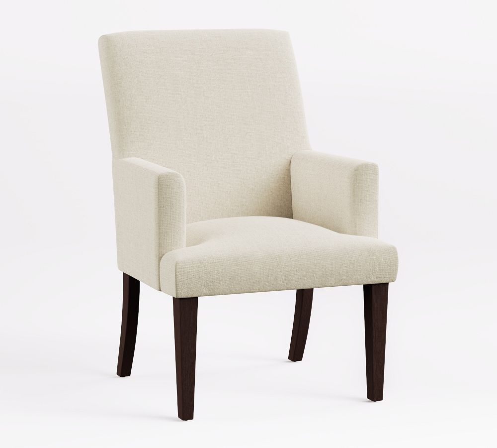 PB Comfort Square Upholstered Dining Armchair, Espresso Legs, Performance Everydaylinen™ Ivory