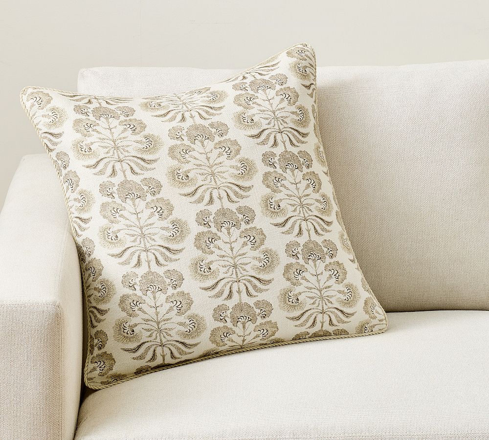 Alina Floral Print With Jute Trim Pillow - Flax Multi, 20"