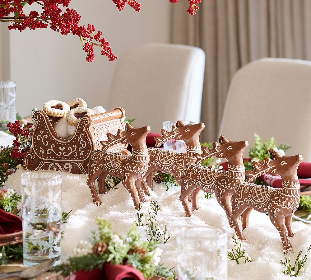 Handcrafted Ceramic Gingerbread Reindeer & Sleigh Set