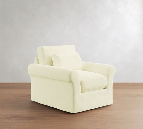 PB Comfort Modern Roll Arm Deep Seat Slipcovered Swivel Chair by Pottery Barn