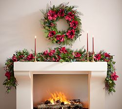 Faux Lit Mixed Amaryllis Wreath &amp; Garland