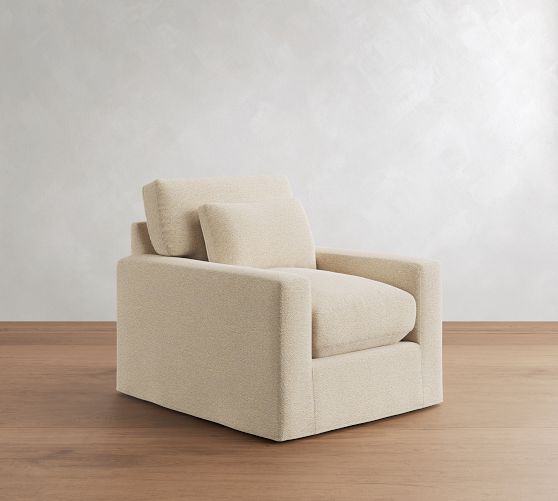 PB Comfort Modern Deep Square Arm Slipcovered Swivel Chair by Pottery Barn