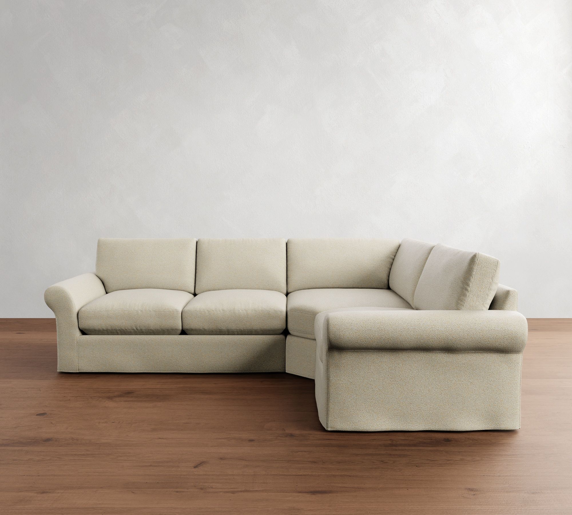 PB Comfort Modern Roll Arm Slipcovered 3-Piece Wedge Sectional (117")