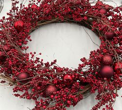 Open Box: Faux Wild Twig and Berry Trailing Wreath with Ornaments - Red