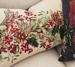 Holly Berry Embroidered Lumbar Pillow Cover
