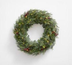 Faux Lit Cedar Wreath With Berries