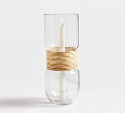 Palm Woven Rattan & Glass Hurricane Candle Holder