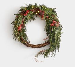 Faux Lit Red Berry Avant-Garde Wreath &amp; Garland