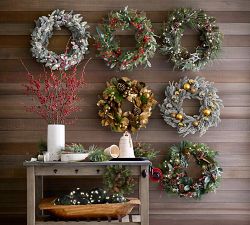 Lit Faux Frosted Pine &amp; Ornaments Wreath &amp; Garland