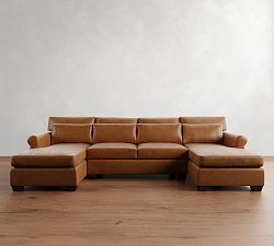 York Roll Arm Deep Seat Leather Double Chaise Sectional (116"-136")