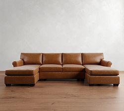 York Roll Arm Leather Double Chaise Sectional (116"-136")