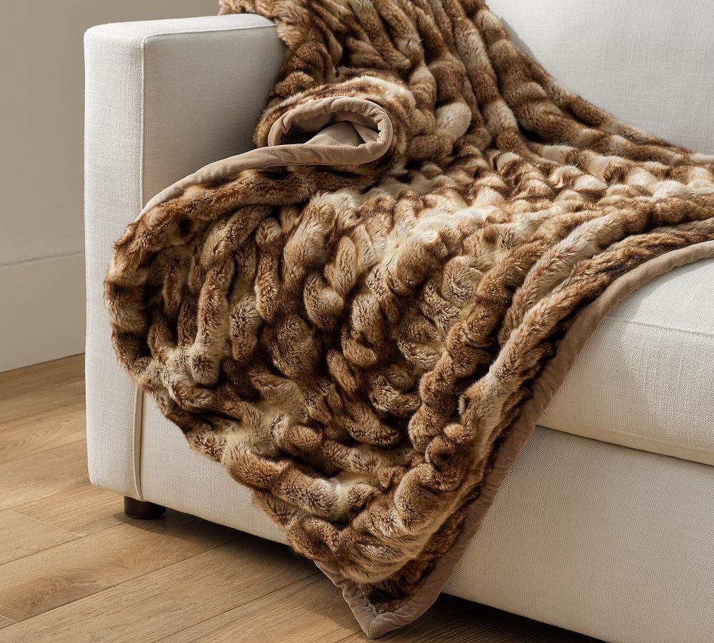 Faux Fur Ruched Throw - Caramel Ombre