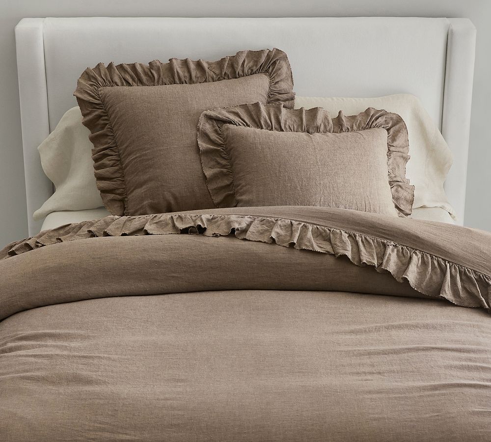 Belgian Flax Linen Fringe Ruffle Duvet Cover - CafÃ© Noir, King/Cal. King