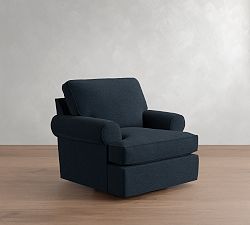Open Box: Buchanan Roll Arm Upholstered Swivel Armchair, Polyester Wrapped Cushions, Performance Heathered Basketweave Navy