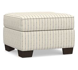 Open Box: Buchanan Upholstered Ottoman, Polyester Wrapped Cushions, Slubby Pinstripe Blue