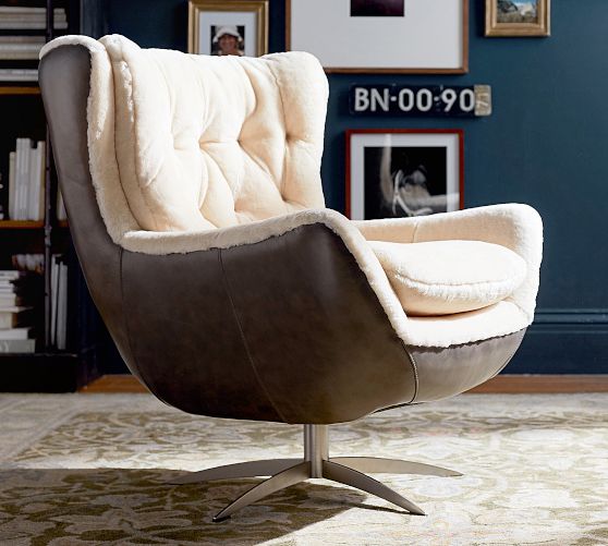 Wells Tufted Leather Shearling Swivel Chair by Pottery Barn