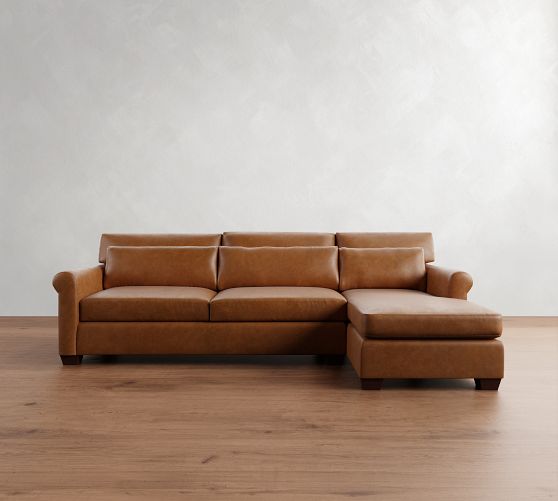 York Roll Arm Deep Seat Leather Chaise Sectional (91"-121") by Pottery Barn
