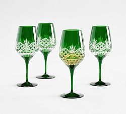 Open Box: Antique Cut Wine Stem Glasses, Set of 4 - Green